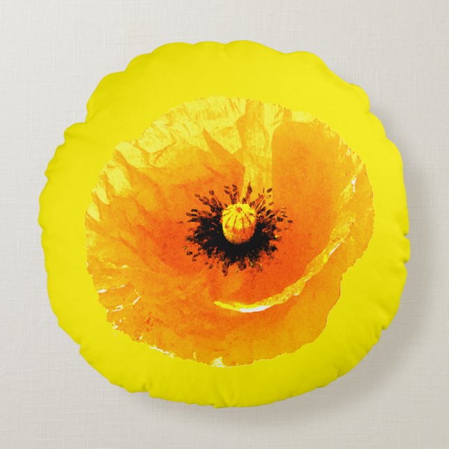 Bright Yellow Poppy Flower Floral Abstract Wedding Round Cushion (Front)