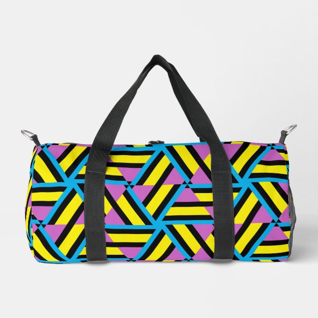 Bright Yellow Purple Aqua Black Geometric Pattern Duffle Bag (Front)