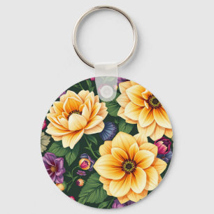 Bright Yellow & Purple Flowers Colourful Floral Key Ring