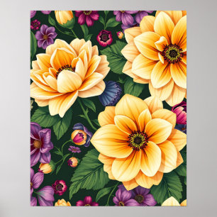 Bright Yellow & Purple Flowers Colourful Floral Poster