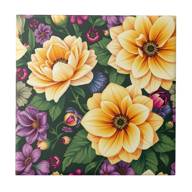 Bright Yellow & Purple Flowers Colourful Floral Tile (Front)