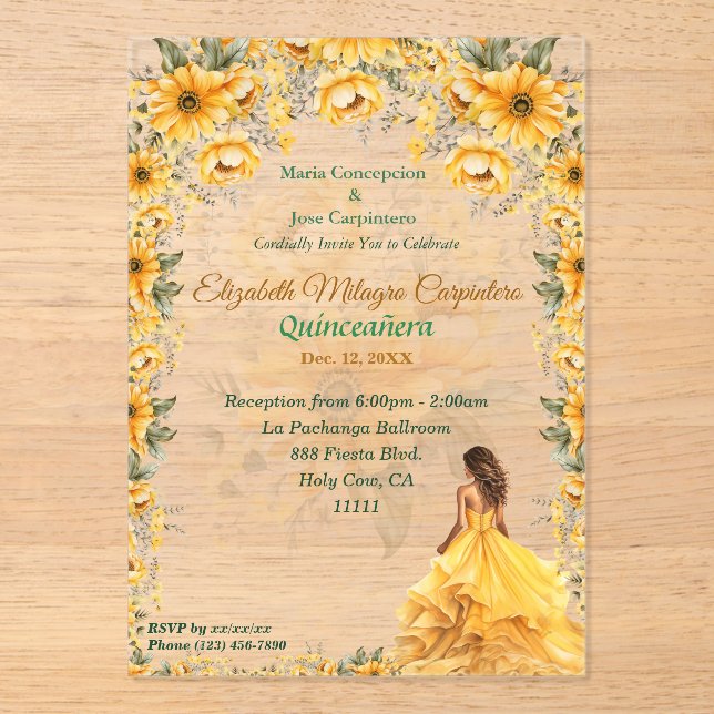 Bright Yellow Quinceañera Floral Design Acrylic Invitations (Front)