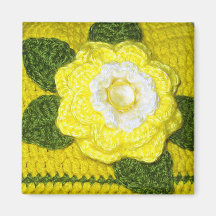 Bright Yellow Rose and Green Leaves Crochet Print