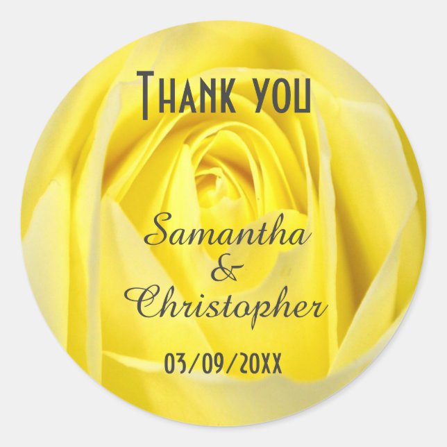 Bright yellow rose flower wedding thank you classic round sticker (Front)