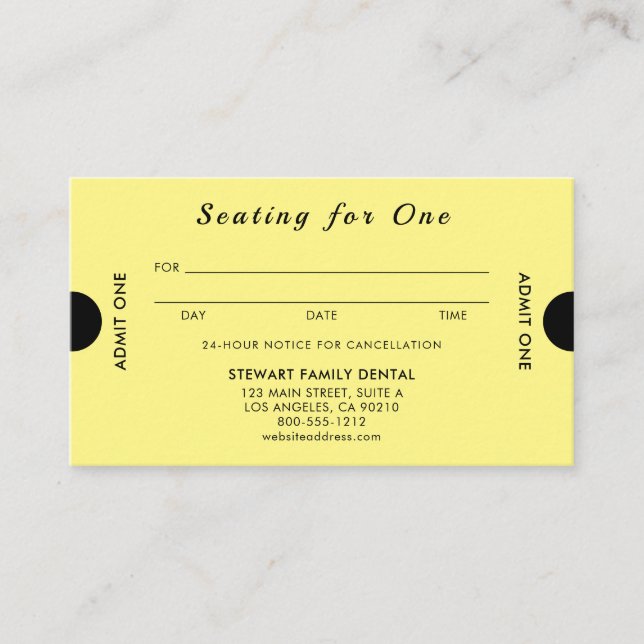 Bright Yellow Seating for One Dental Appointment Card (Front)