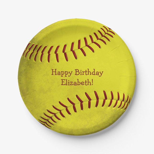 bright yellow softball themed girls sports party paper plate (Front)
