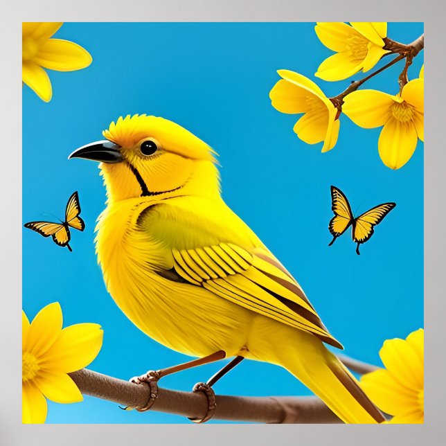 Bright Yellow Songbird Perched on a Branch Poster (Front)