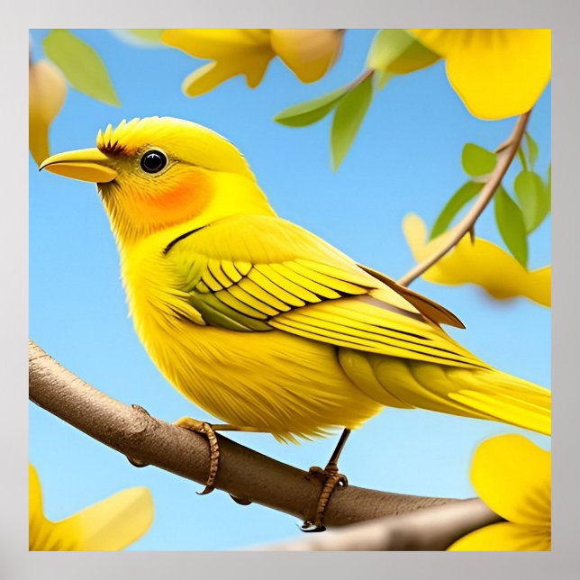 Bright Yellow Songbird Perched on a Branch Poster (Front)