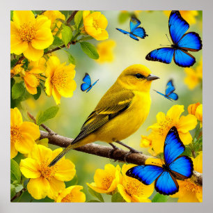 Bright Yellow Songbird Perched on a Branch Poster