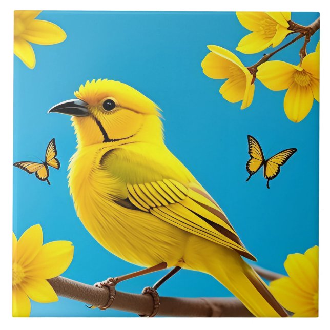 Bright Yellow Songbird Perched on a Branch Tile (Front)
