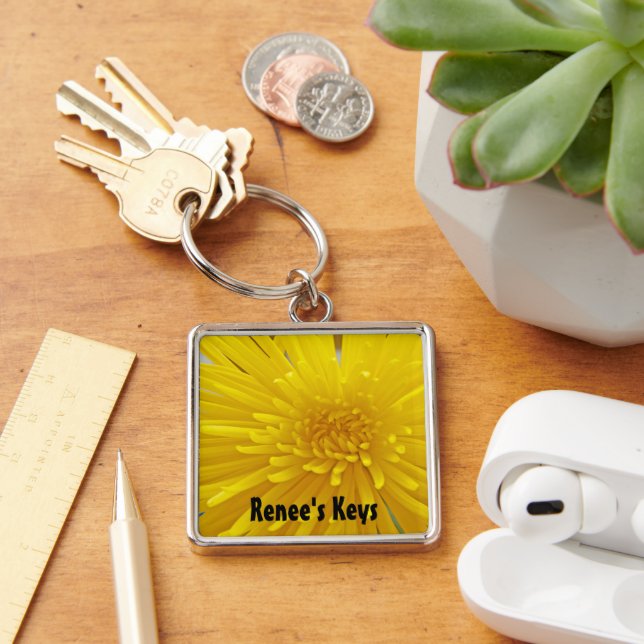 Bright Yellow Spiky Dahlia Photograph Personalised Key Ring (Desk)