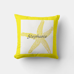Bright Yellow Starfish Frame White Monograms Cushion