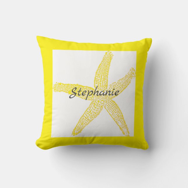 Bright Yellow Starfish Frame White Monograms Cushion (Front)