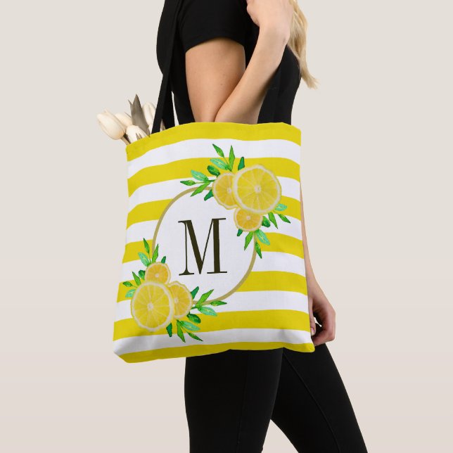 Bright Yellow Stripes Lemon Citrus Fruit Monogram Tote Bag (Close Up)