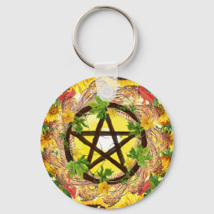 Bright Yellow Summer Solstice Sunflower Pentacle Key Ring