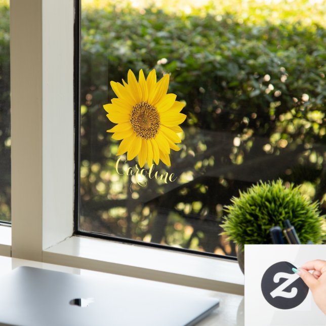 Bright Yellow Sunflower Custom Name Window Cling (Office)