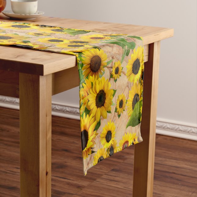 Bright Yellow Sunflower Garden on Marble  Short Table Runner (In Situ)