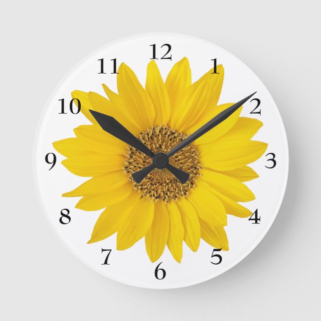 Bright Yellow Sunflower on White Floral Round Clock (Front)