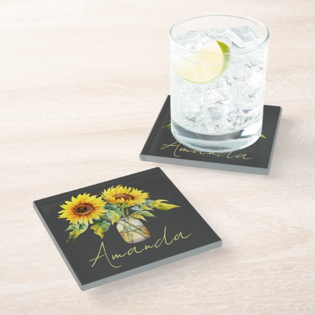 Bright Yellow Sunflowers On Black Minimalist Name Glass Coaster (Angled)