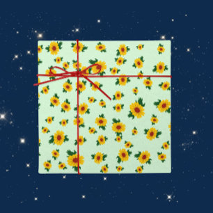 Bright Yellow Sunflowers on Soft Green Wrapping Paper