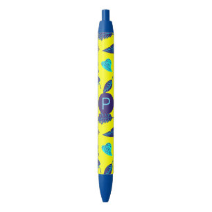Bright Yellow Tropical Leaf Pattern Monogram Black Ink Pen