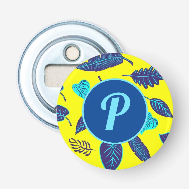 Bright Yellow Tropical Leaf Pattern Monogram Bottle Opener (Front)