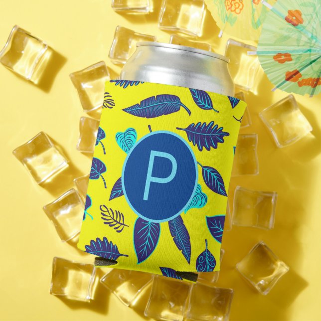 Bright Yellow Tropical Leaf Pattern Monogram Can Cooler (In Situ Summer)