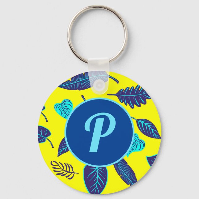 Bright Yellow Tropical Leaf Pattern Monogram Key Ring (Front)