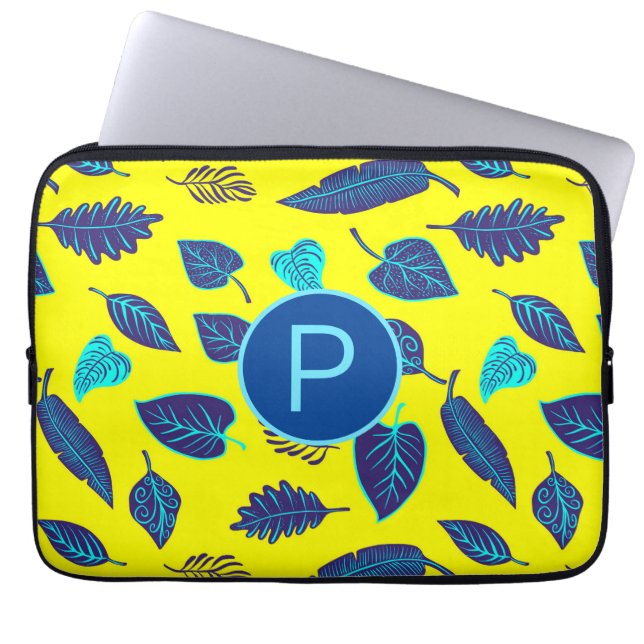 Bright Yellow Tropical Leaf Pattern Monogram Laptop Sleeve (Front)