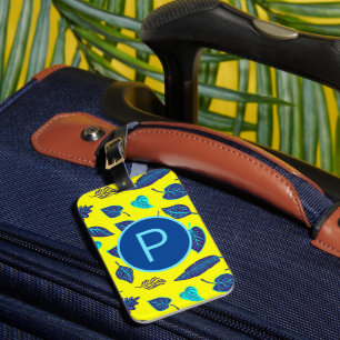 Bright Yellow Tropical Leaf Pattern Monogram Luggage Tag