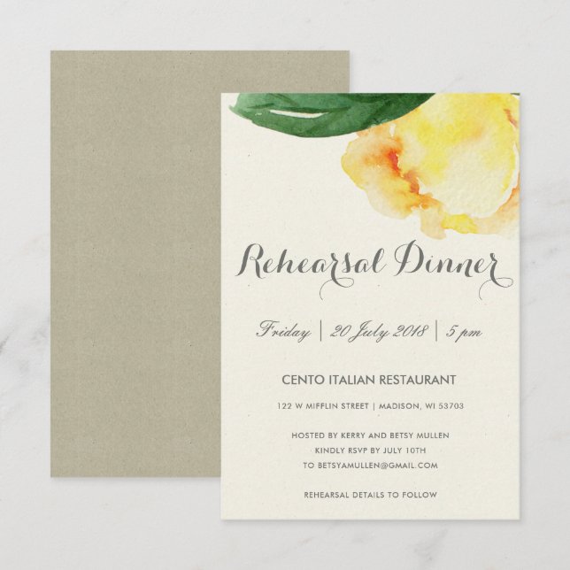 BRIGHT YELLOW WATERCOLOR FLORAL REHEARSAL DINNER INVITATION (Front/Back)