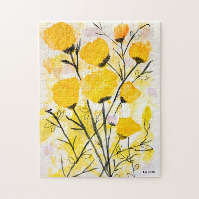 Bright Yellow Watercolor Flowers Jigsaw Puzzle (Vertical)