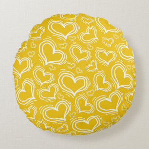 BRIGHT YELLOW WITH WHITE HEARTS AND FLOWERS ROUND CUSHION