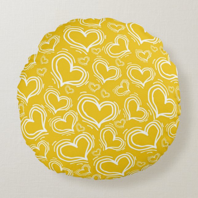 BRIGHT YELLOW WITH WHITE HEARTS AND FLOWERS ROUND CUSHION (Front)