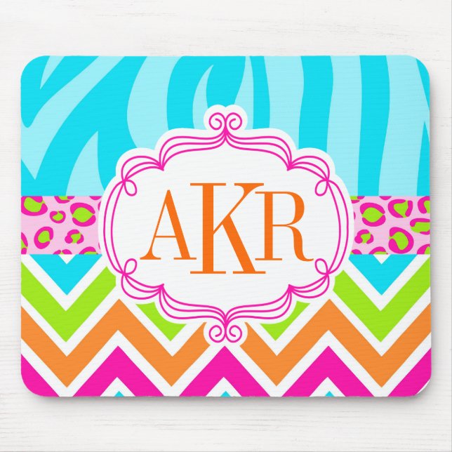 Bright Zebra Leopard and Chevron Personalised Mouse Mat (Front)