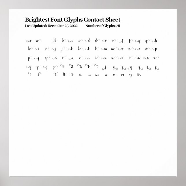 Brightest Script Font Glyphs Contact Sheet Poster (Front)