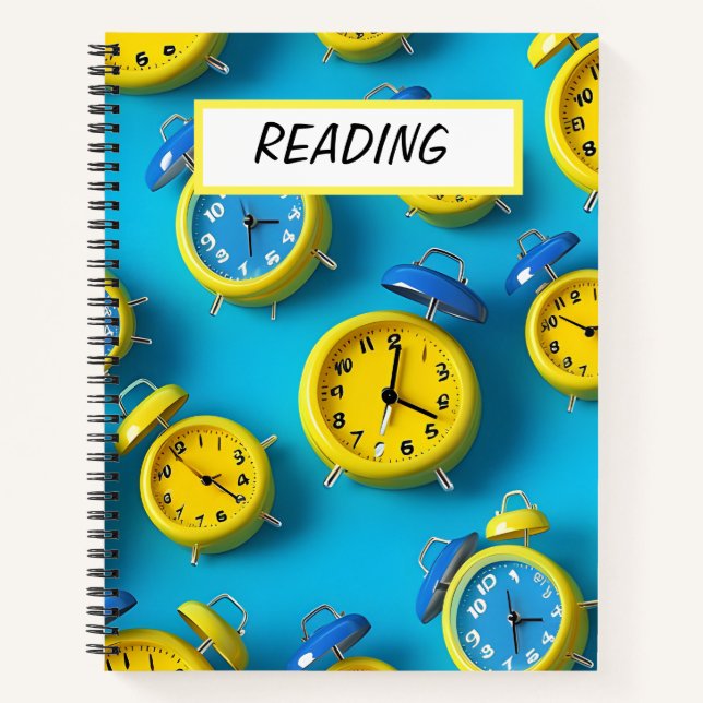 BRIGHTLY COLORED BLUE & YELLOW ALARM CLOCKS NOTEBOOK (Front)