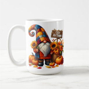 BRIGHTLY COLORED CUTE PATCHWORK FALL GNOMES COFFEE MUG