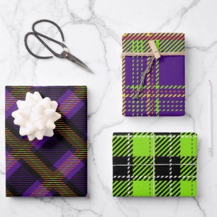 BRIGHTLY COLORED HALLOWEEN PLAID PATTERNS WRAPPING PAPER SHEET
