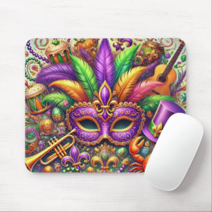 BRIGHTLY COLORED MARDI GRAS THEMED MASK & FEATHERS MOUSE MAT