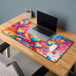 BRIGHTLY COLORED RAINBOWS AND LOVE HEARTS DESK MAT