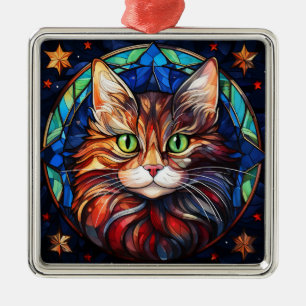 BRIGHTLY COLORED STAINED GLASS CHRISTMAS CAT FACE METAL TREE DECORATION