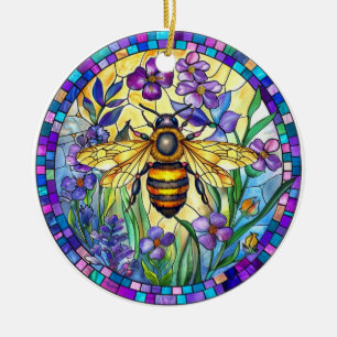 BRIGHTLY COLORED STAINED GLASS HONEY BEE CERAMIC TREE DECORATION