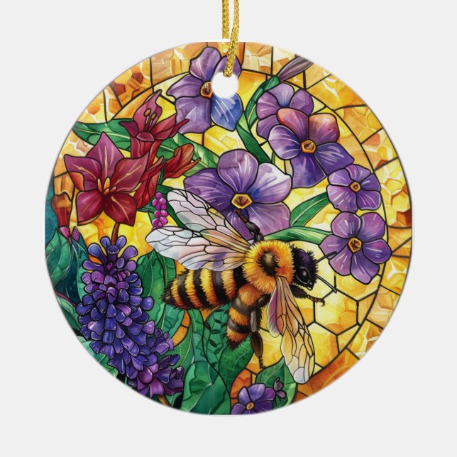 BRIGHTLY COLORED STAINED GLASS HONEY BEE CERAMIC TREE DECORATION (Front)