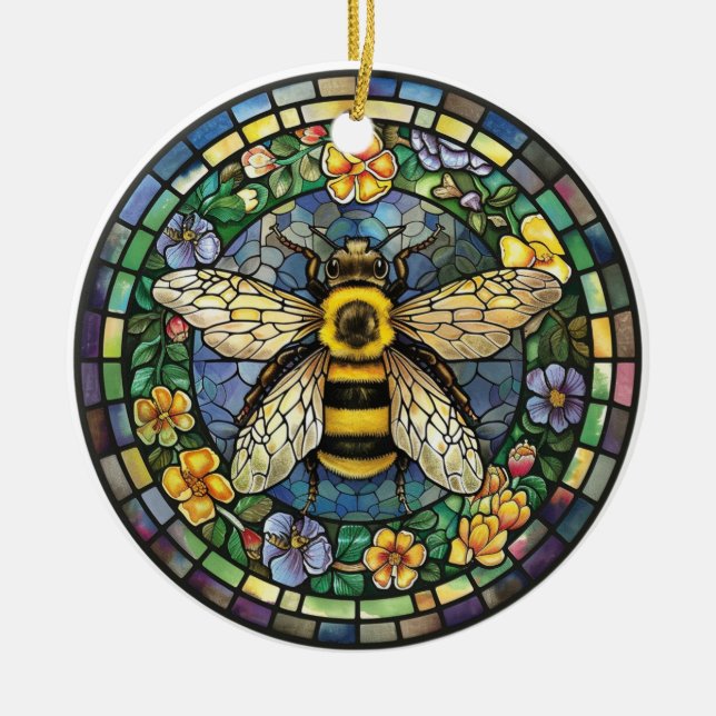 BRIGHTLY COLORED STAINED GLASS HONEY BEE CERAMIC TREE DECORATION (Front)