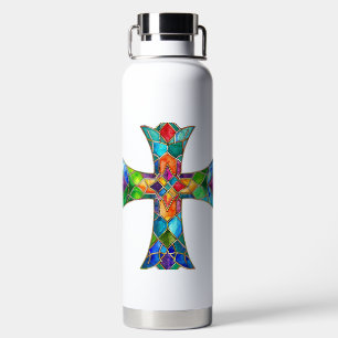 BRIGHTLY COLORED STAINED GLASS LOOK CROSS WATER BOTTLE