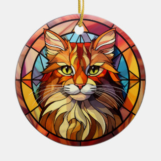 BRIGHTLY COLORED STAINED GLASS TABBY CAT FACE CERAMIC TREE DECORATION