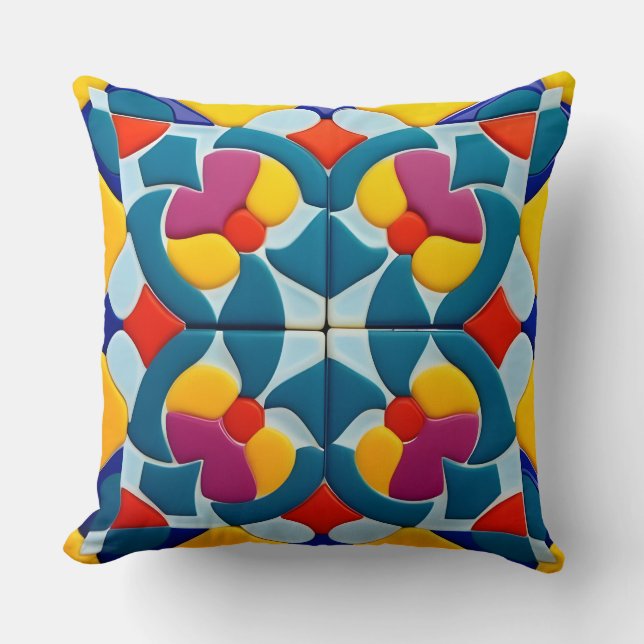 Brightly Coloured Abstract Geometric Tile Design Cushion (Front)