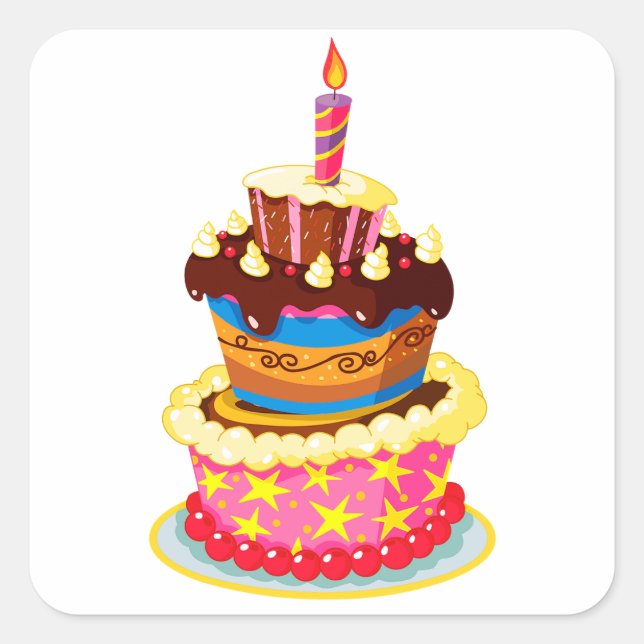 Brightly Coloured Birthday Cake With Candle Square Sticker (Front)