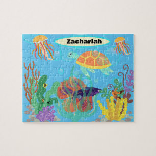 Brightly Coloured Blue Ocean Kids Nautical Pattern Jigsaw Puzzle
